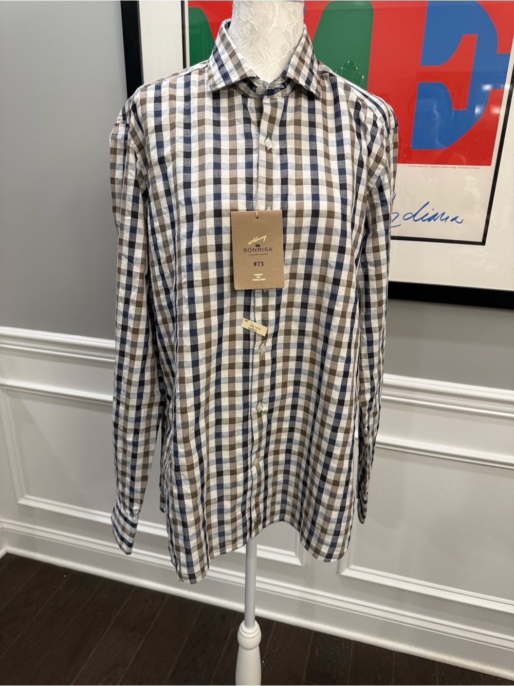 NWT Sonrisa Silvery Italian Luxury Gingham Check Shirt Large